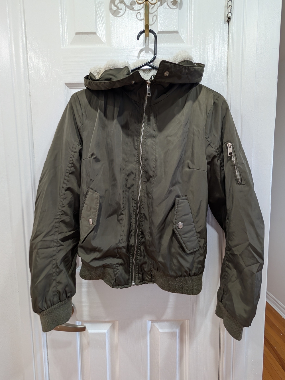 Urbanology Sherpa-Lined Hooded Bomber Jacket Olive Green S